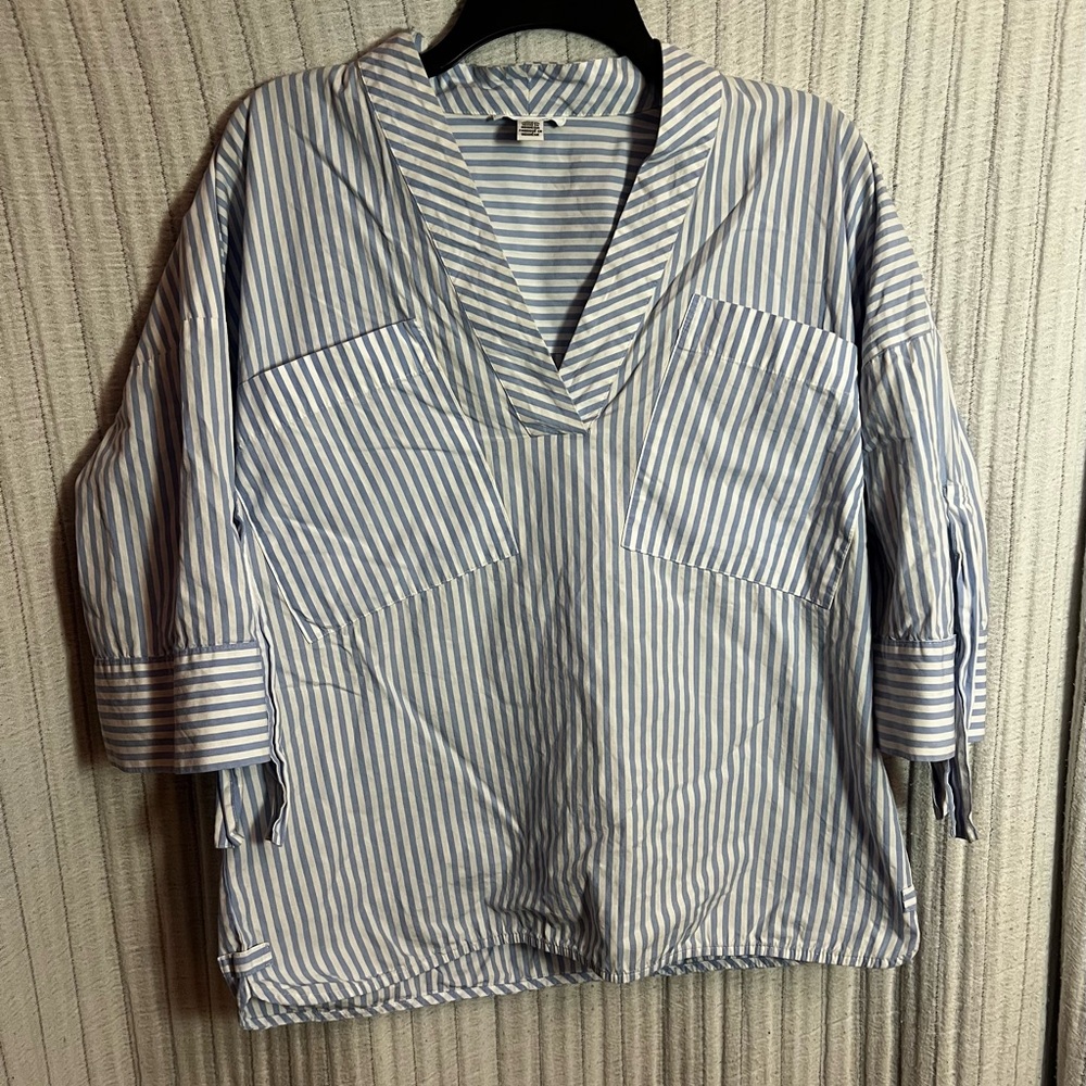 Calvin Klein Light Blue and White Striped V-neck Top